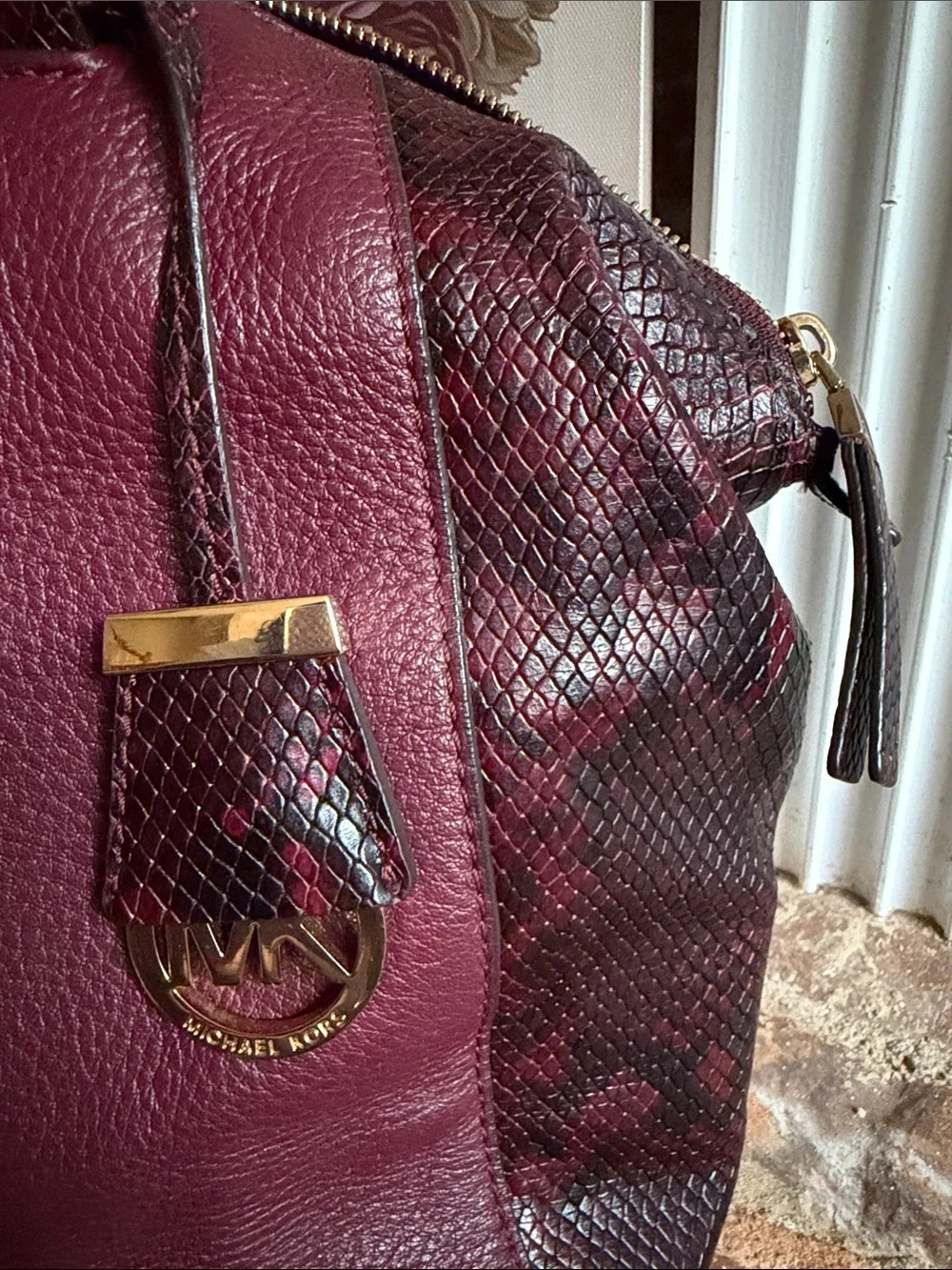 Michael Kors Plum Leather Satchel with Snake-Trim and Wristlet